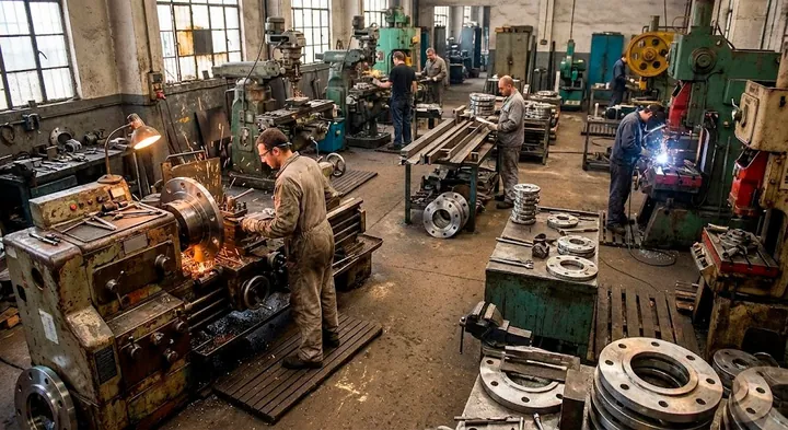 Oficina de usinagem com tornos e flanges em processo