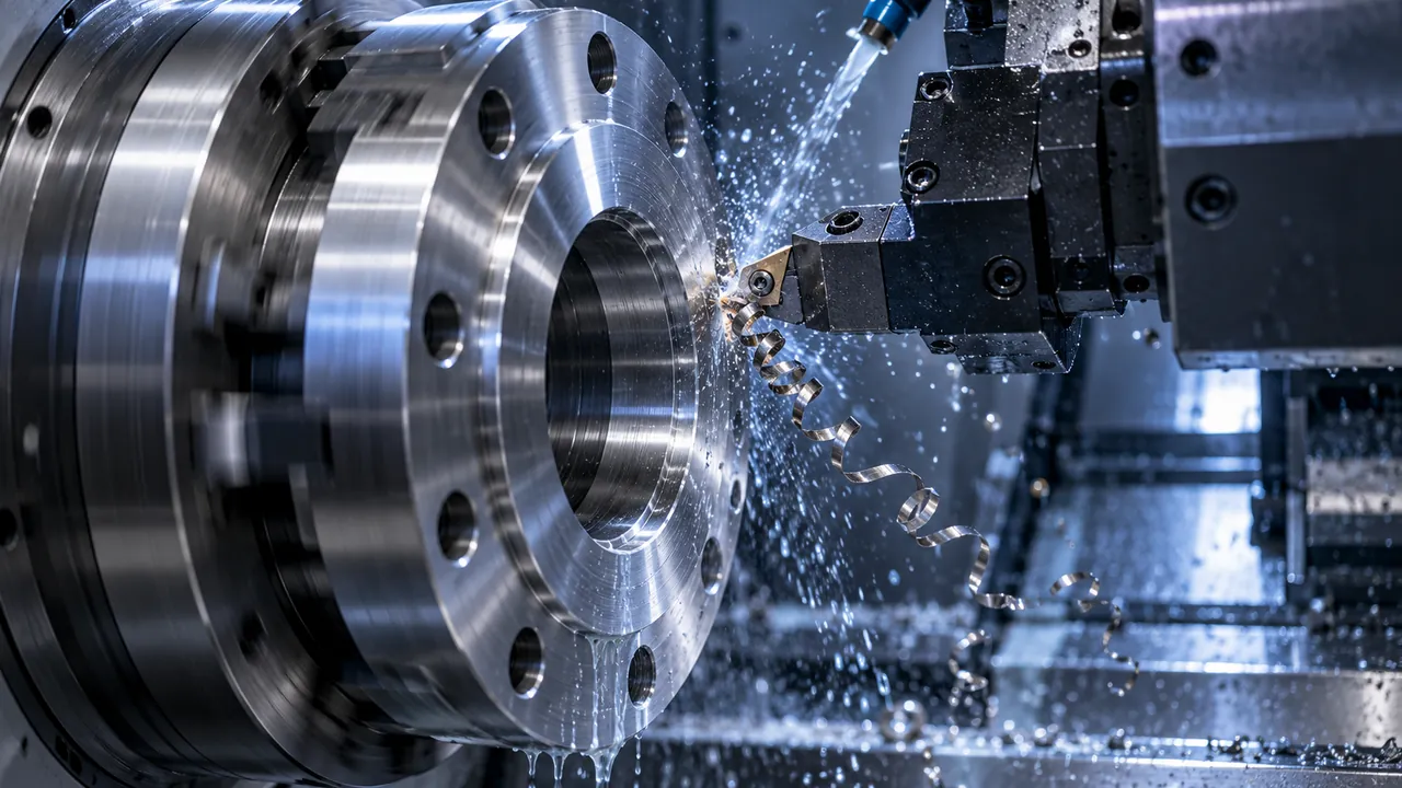 Torno CNC usinando a face de um flange de aço inox