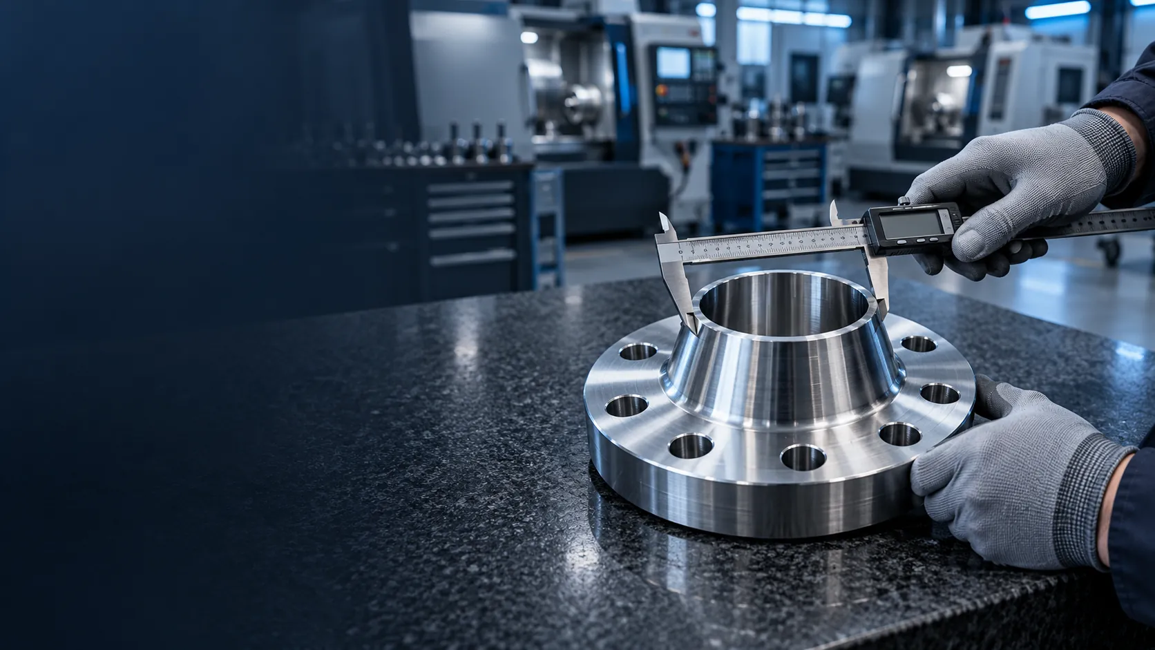 Técnico mede um flange de aço inox com paquímetro digital