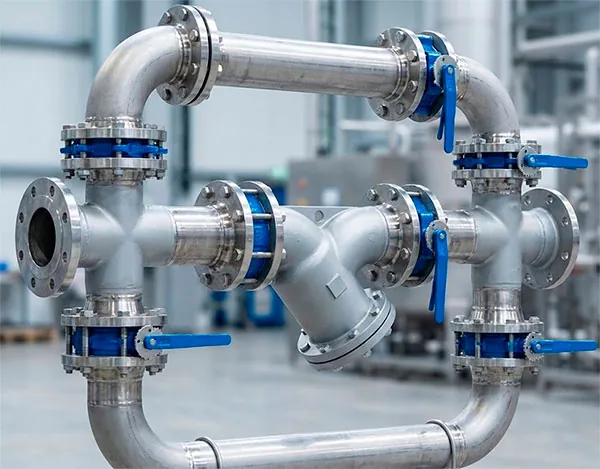 Tubulação industrial de aço inox com curvas, tês e flanges
